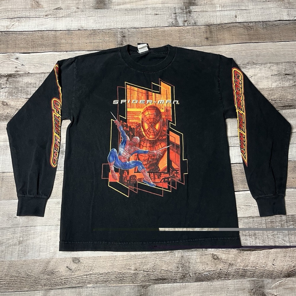 Spiderman Shirt Boys Size XL Black Vintage 2000s Long Sleeve Movie Promo Tee